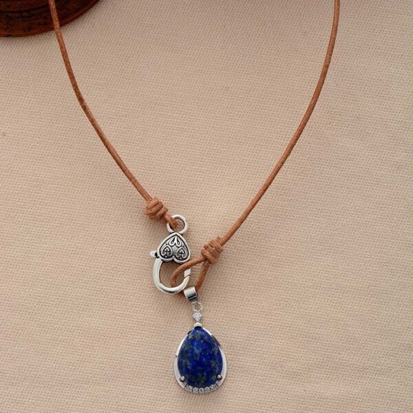 Simple Retro Lapis Lazuli Water Drop Pendant Cowhide String - Image 4