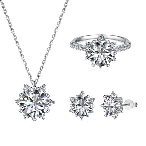 Set S925 Sterling Silver Ornament Snowflake Zircon Ring Light Luxury Clavicle Chain  Earrings - Image 2