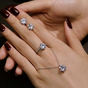 Set S925 Sterling Silver Ornament Snowflake Zircon Ring Light Luxury Clavicle Chain  Earrings